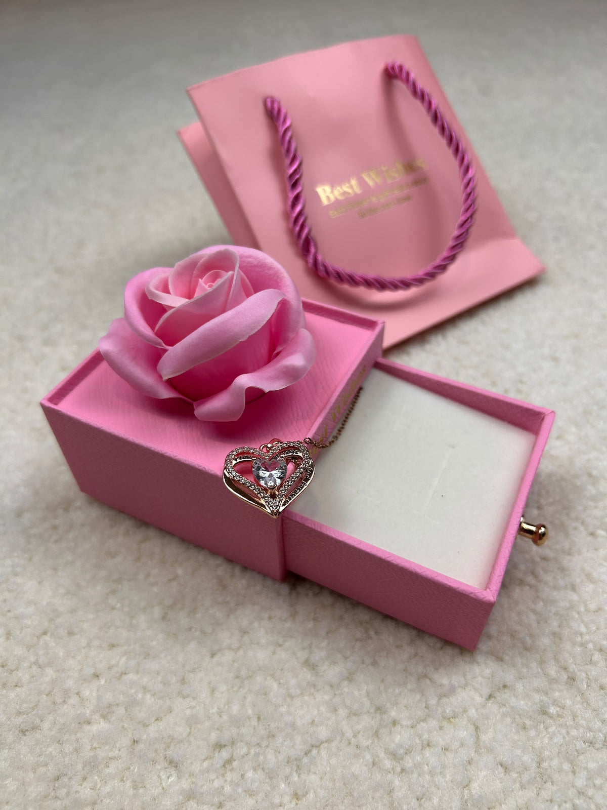 Colar Coração Eterno com Caixa Cor de Rosa de Rosa