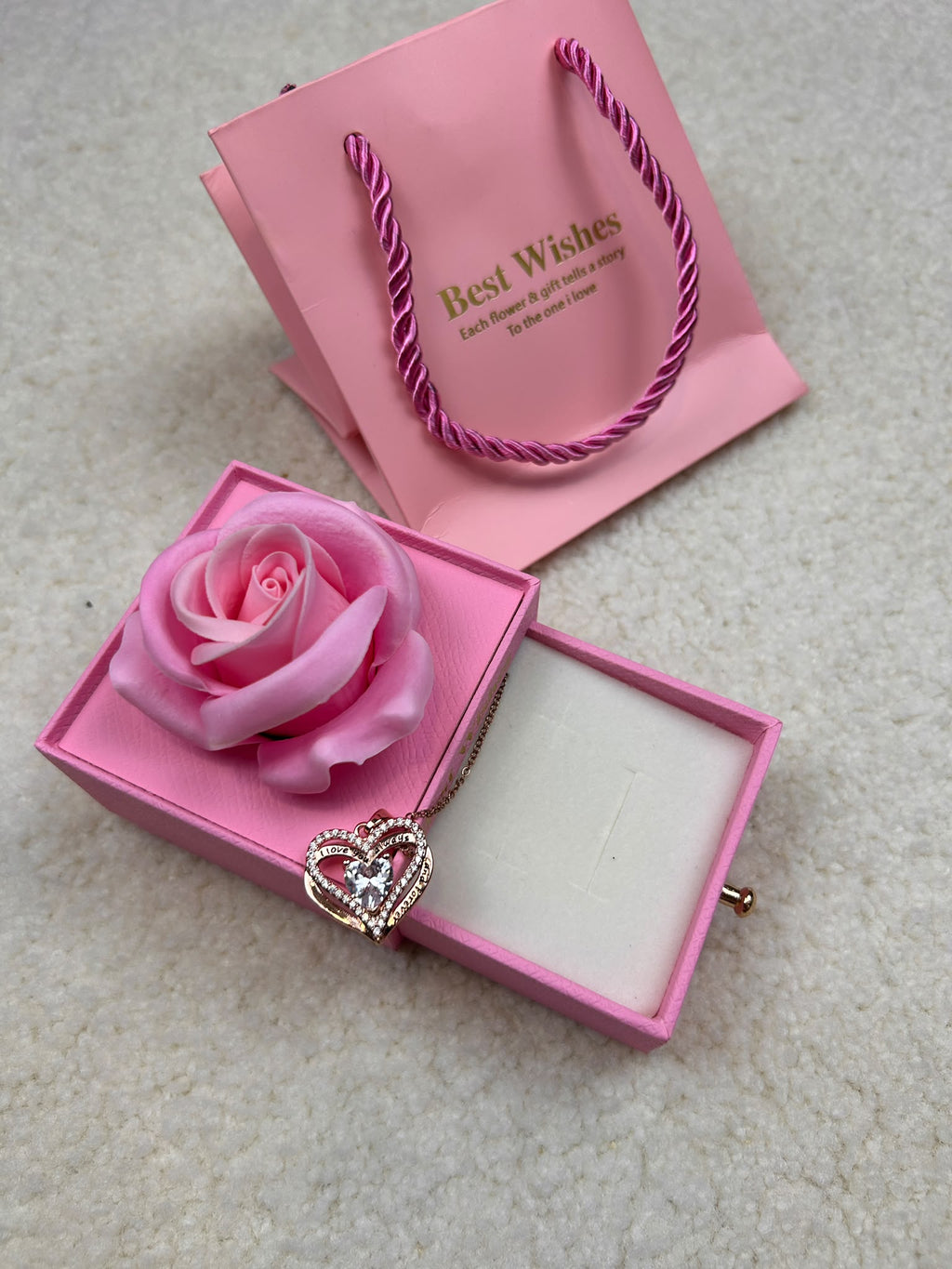Colar Coração Eterno com Caixa Cor de Rosa de Rosa